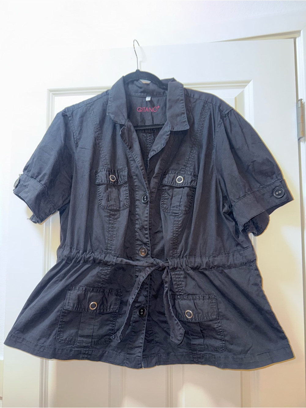 Gitano Black Short-Sleeve Button-Up with Embroidered Logo